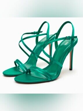 Zara Women’s Emerald Green Strappy High Heel Satin 39 Thin Strap